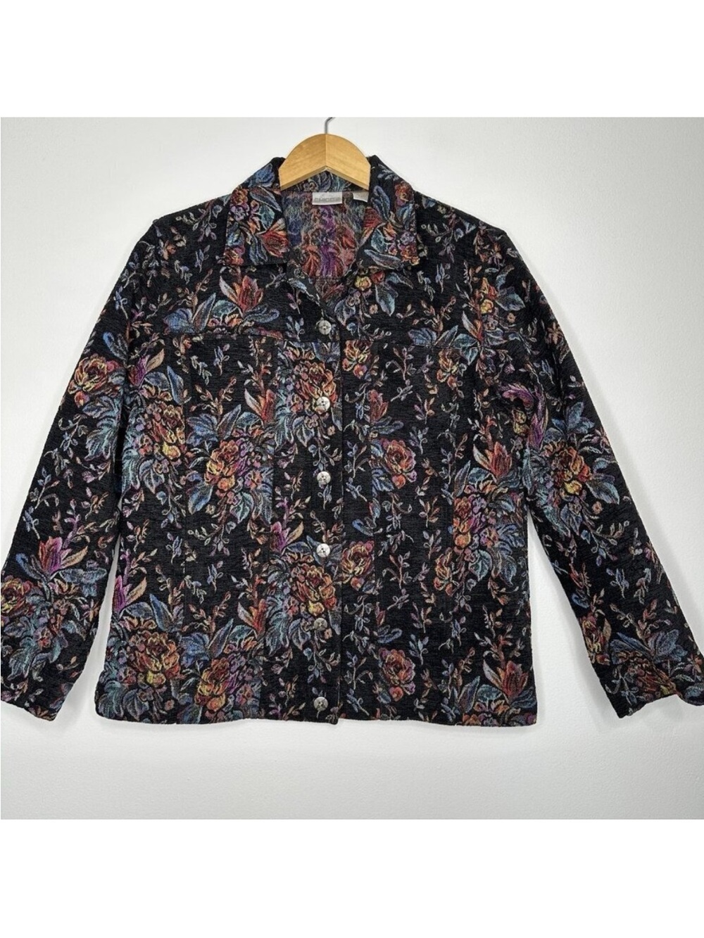 Chicos Tapestry Jacket Size M Black Floral Colorful Boho